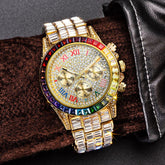 Fashion Three Eyes Rainbow Diamond Daikin Watch Full Square Diamond British Men's Watch - Show Gadgets